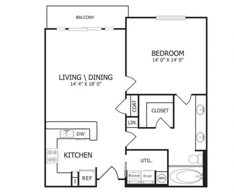 Floor plan for 1 bed, 1 bath, 832 sqft